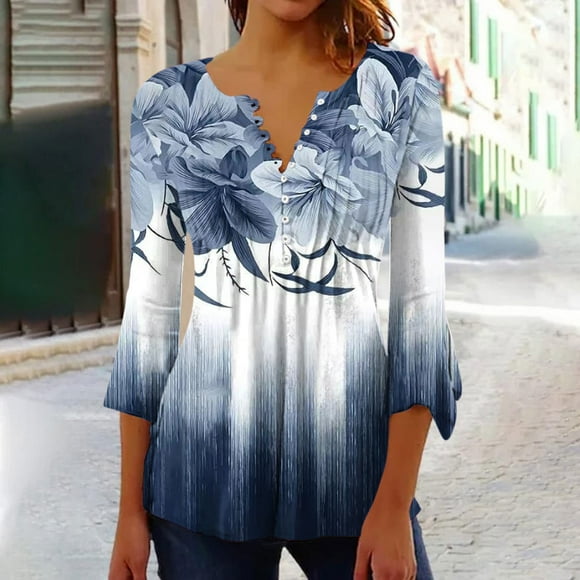 New Womens Tops Summer 2023 Dressy and Causual Women's V-Neck Casual 3/4 Sleeve Floral Printed Tunic Shirts Summer Basic Shirts Pleated Blouse Oversized Tshirts for Women