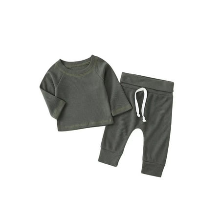 

Suanret 2Pcs Autumn Infant Baby Boys Girls Outfit Solid Color Waffle Long Sleeve Round Collar Tops Flanging Waistband Long Pants Dark Green 12-18 Months