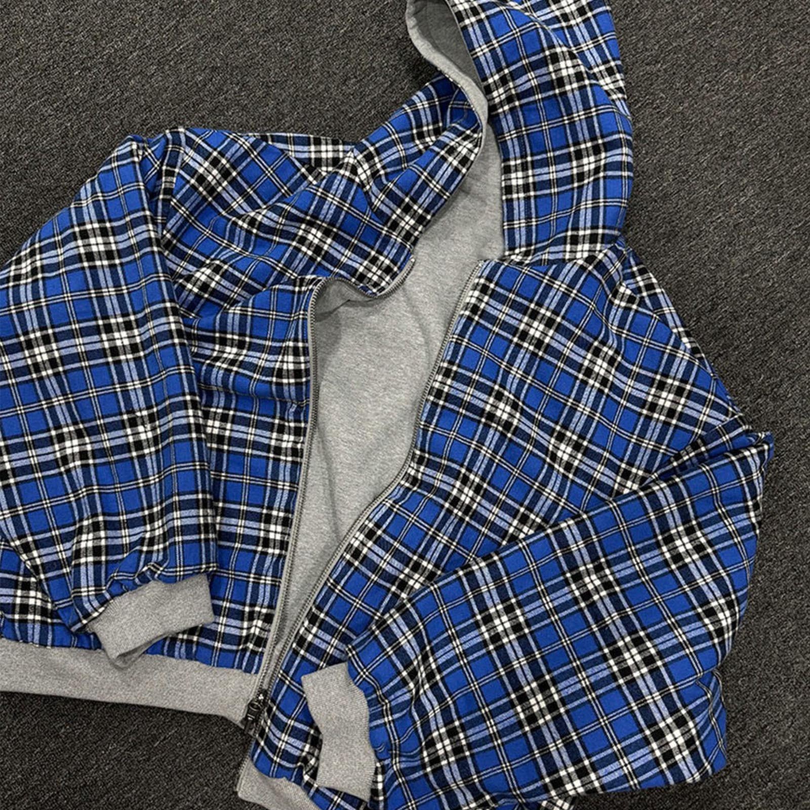 IWRICH Mens and Womens 20s Reversible Hoodies Plaid Preppy Hoodie Streetwear Vintage Zipper Hooded Sweatshirt L