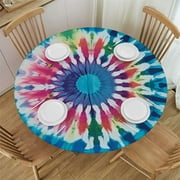 Awypu Round Fitted Tablecloth Colorful Tie Dye Table Cloth with Elastic Edged Waterproof Wipeable Round Table Cover for Patio Parties Outdoor Decor White
