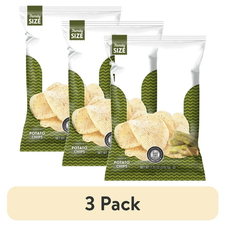 (3 pack) Utz Ripples Fried Dill Pickle Potato Chips, Gluten-Free, Family Size, 7.75 oz Bag
