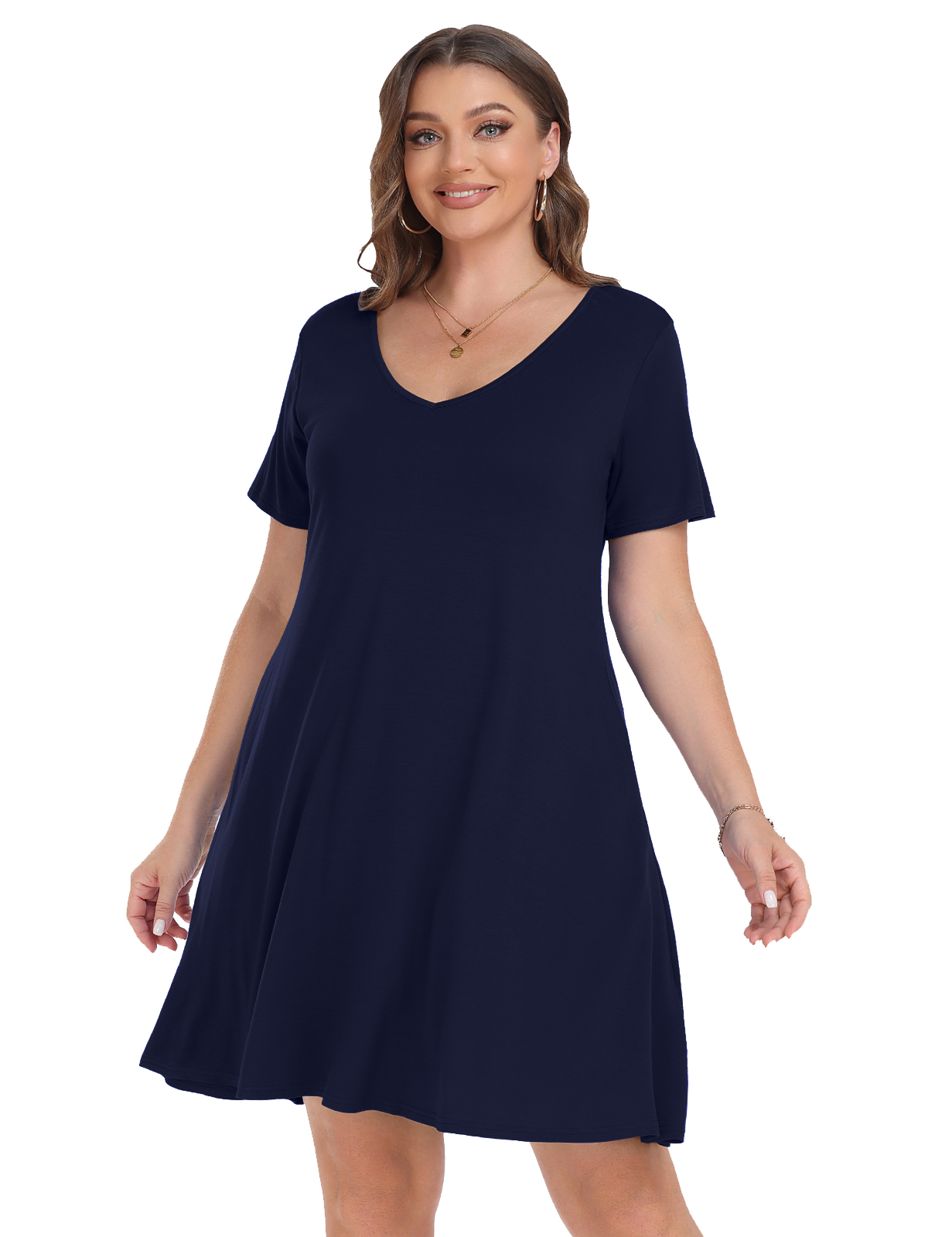 Plus Size Dresses for Women, VEPKUL V Neck T Shirt Dress 2024 Short Sleeve Casual Loose Swing Summer Dress with Pockets - image 5 of 9