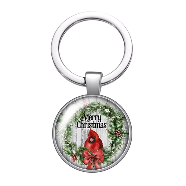 LLavero de cristal de 25mm con diseño de pájaros rojos para coche, llavero con diseño de Merry Christmas, fotos cardinales, llavero de coche