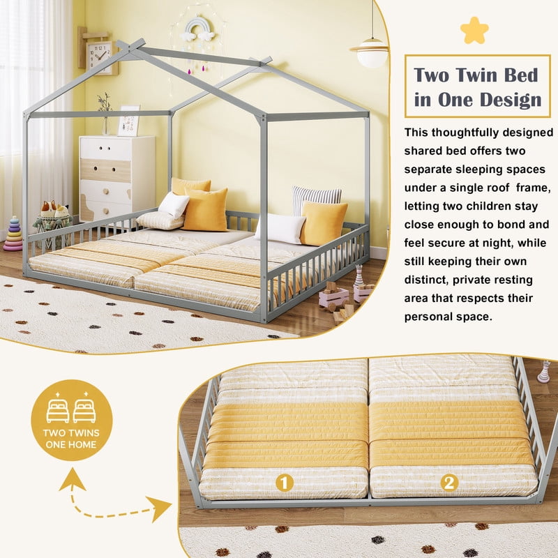 Double Twin Size House-Shaped Canopy Floor Bed with Safety Guardrails, Kids Wooden Low Profile Bed Frame with Open Roof Design