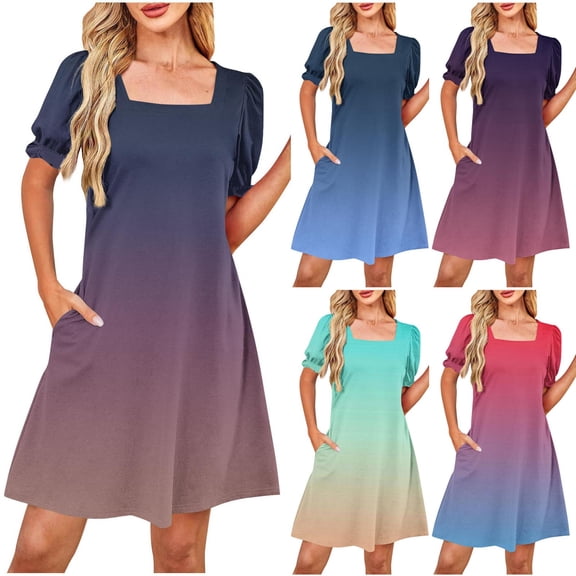Summer Dresses for Women 2025, Fashion Women's Printing Sexy Square Neck Short Sleeve Pockets Dresses Casual Comfortable All Occasio(Blue,S)