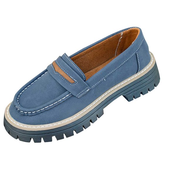 Wdhugt Womens Blue Faux Suede Round Toe Chunky Heel Loafers Slip On Shoes Us9 Size 26Cm/10.24In 1.97In Heel