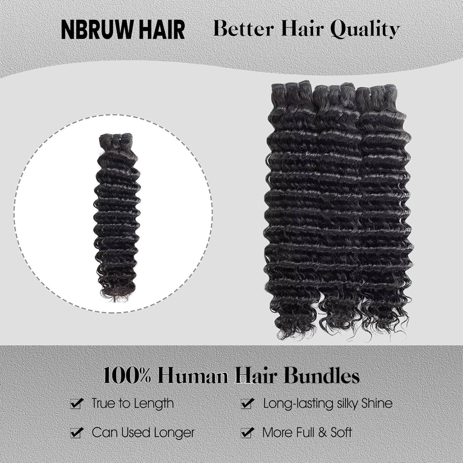 NBRUW 12A Grade 20 22 24 Inch 3*Bundles Natural Black 100% Virgin Human Hair Deep Wave Curly Multiple Lengths 3PCs Set