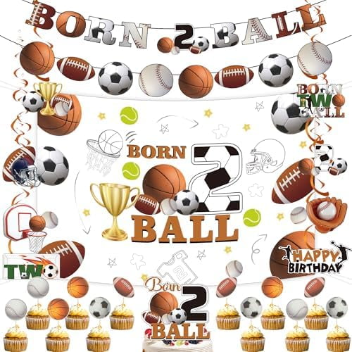 Born 2 Ball Birthday Decorations - 24 Pcs Born Two Ball Banners Hangings Cake Cupcake Toppers Backdrop(60 × 40 inch) Party Decor Set for Boys Sports Theme Football Soccer 2 Year Old Party Supplies