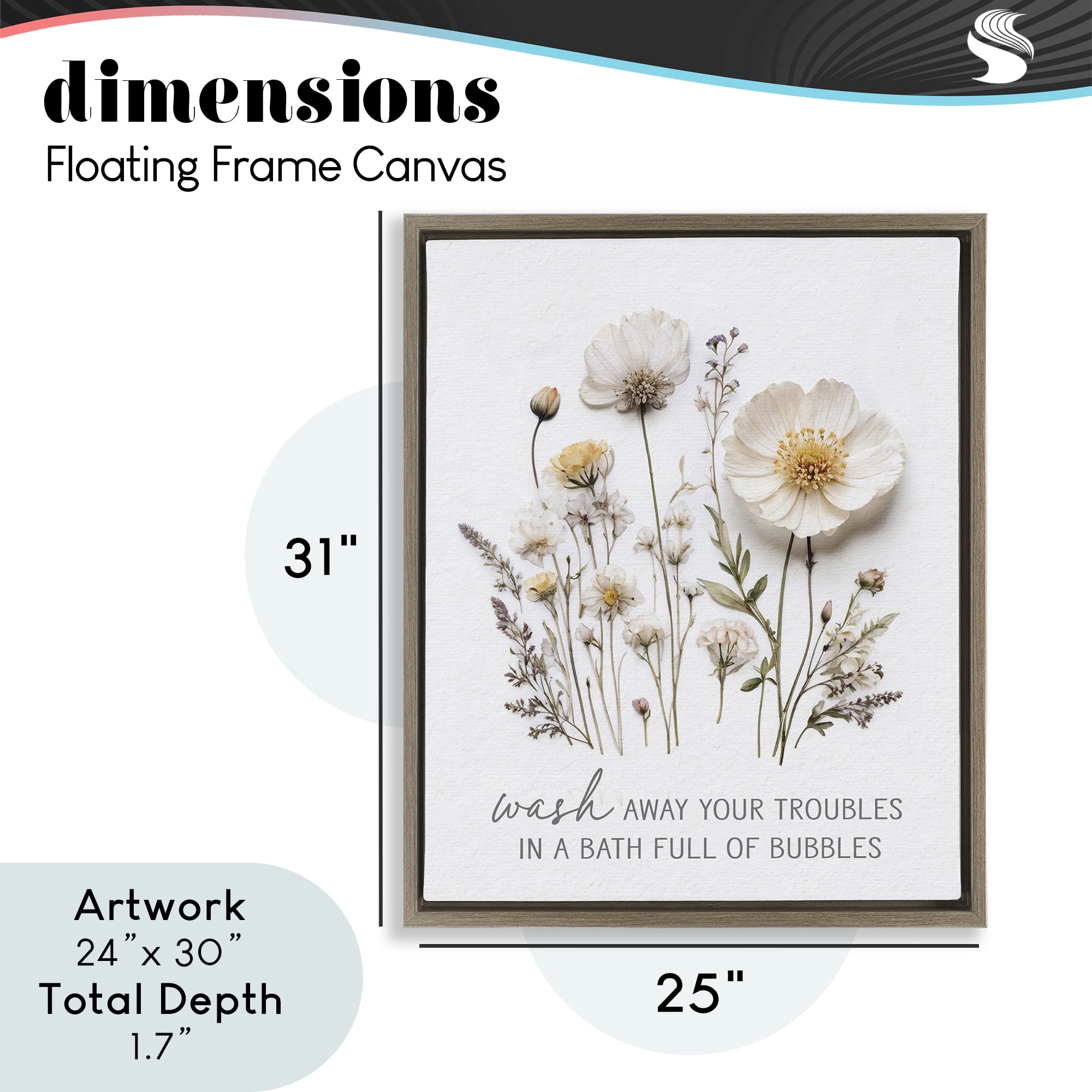 Pressed Flowers Wash Away Troubles Brown Framed Floater Canvas Wall Art, design by Lettered and Lined