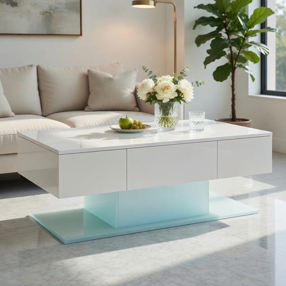 Topcobe Modern LED Coffee Table with 20 Color LED Lights and 2 Storage Drawers, Living Room Furniture Table, Sofa Table, Fashion Design, White