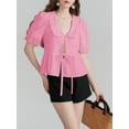 thumbnail image 3 of Elippeo Women Short Sleeve Shirts Solid Color Doll Collar Front Bowknot Tie-Up Fashion Blouses Summer Casual Tops, 3 of 6