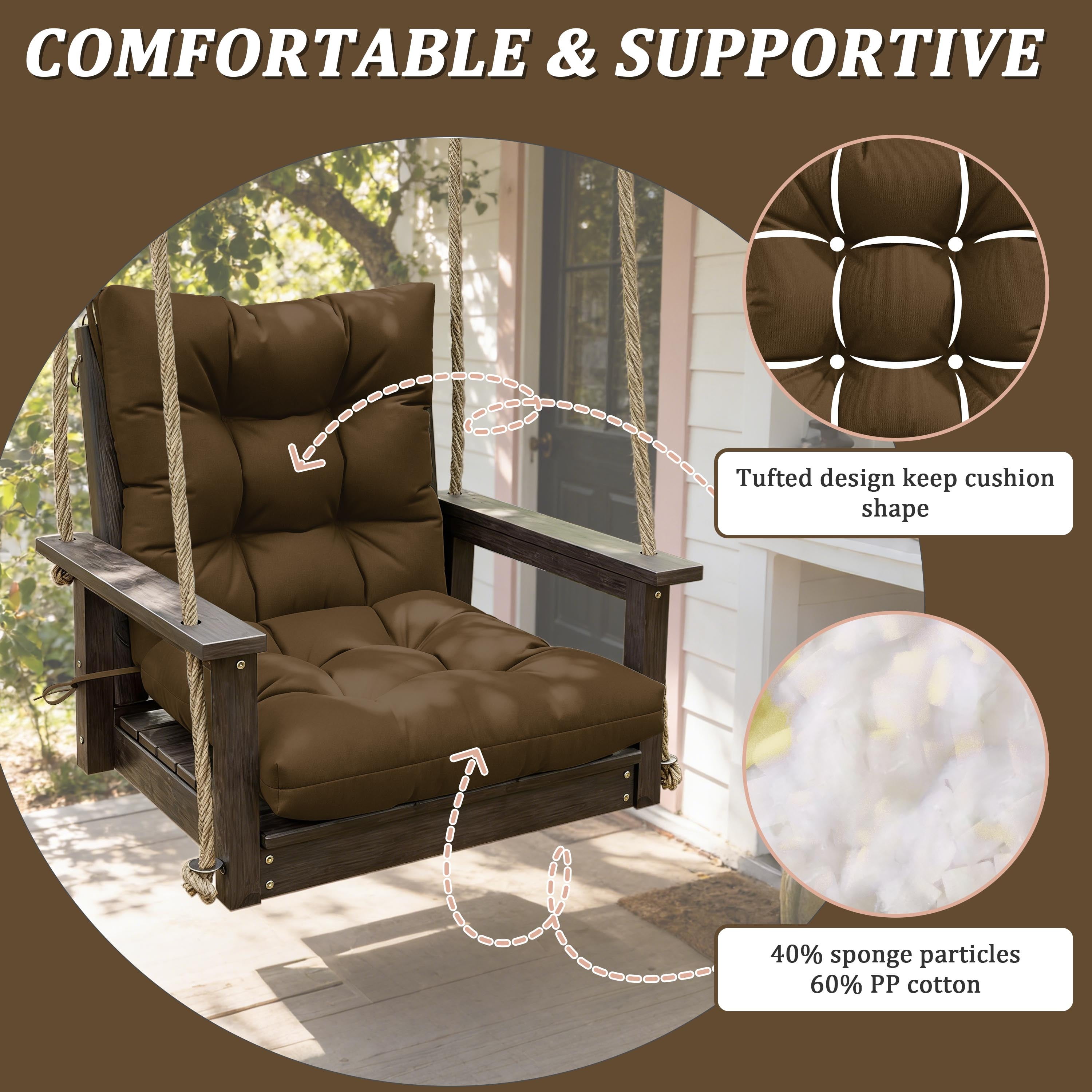 Kimunuk Outdoor Chair Cushions Set of 2, 42 x 21 x 5 in Non Slip Porch Swing Cushion Seat Back Cushions with Ties for Indoor Patio Rocking Chair, Chocolate