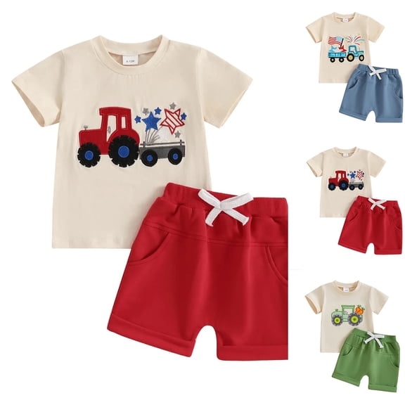 WUANDIXFA Toddler Baby Boys Easter Outfit Bunny Tractor Tshirt Short Sleeve Tops Solid Shorts Summer Outfits Clothes Set (Red, 12-18 Months)
