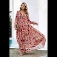 thumbnail image 4 of Vestido Maxi Bohemio para Mujer, Cuello en V, Larga Abullonada, Volantes, Corte A, Abertura, . Flor Roja XL, 4 of 8