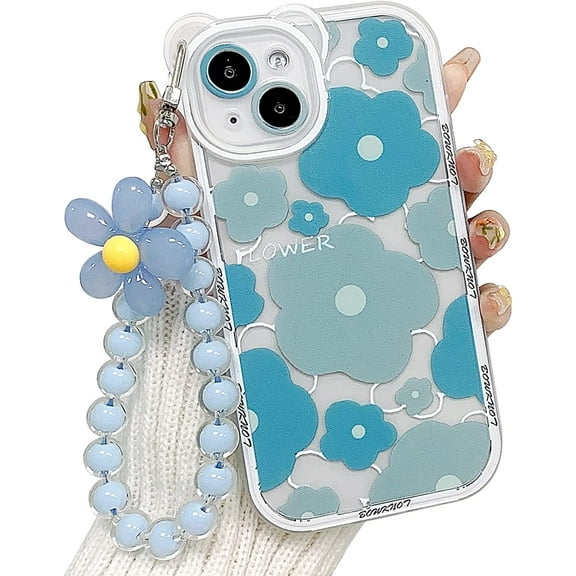 Compatible for iPhone 13 Case Clear Floral Bear Camera Lens Case with Lovely Flower Bracelet Chain for Women Girls, Soft TPU Shockproof Cover-Blue