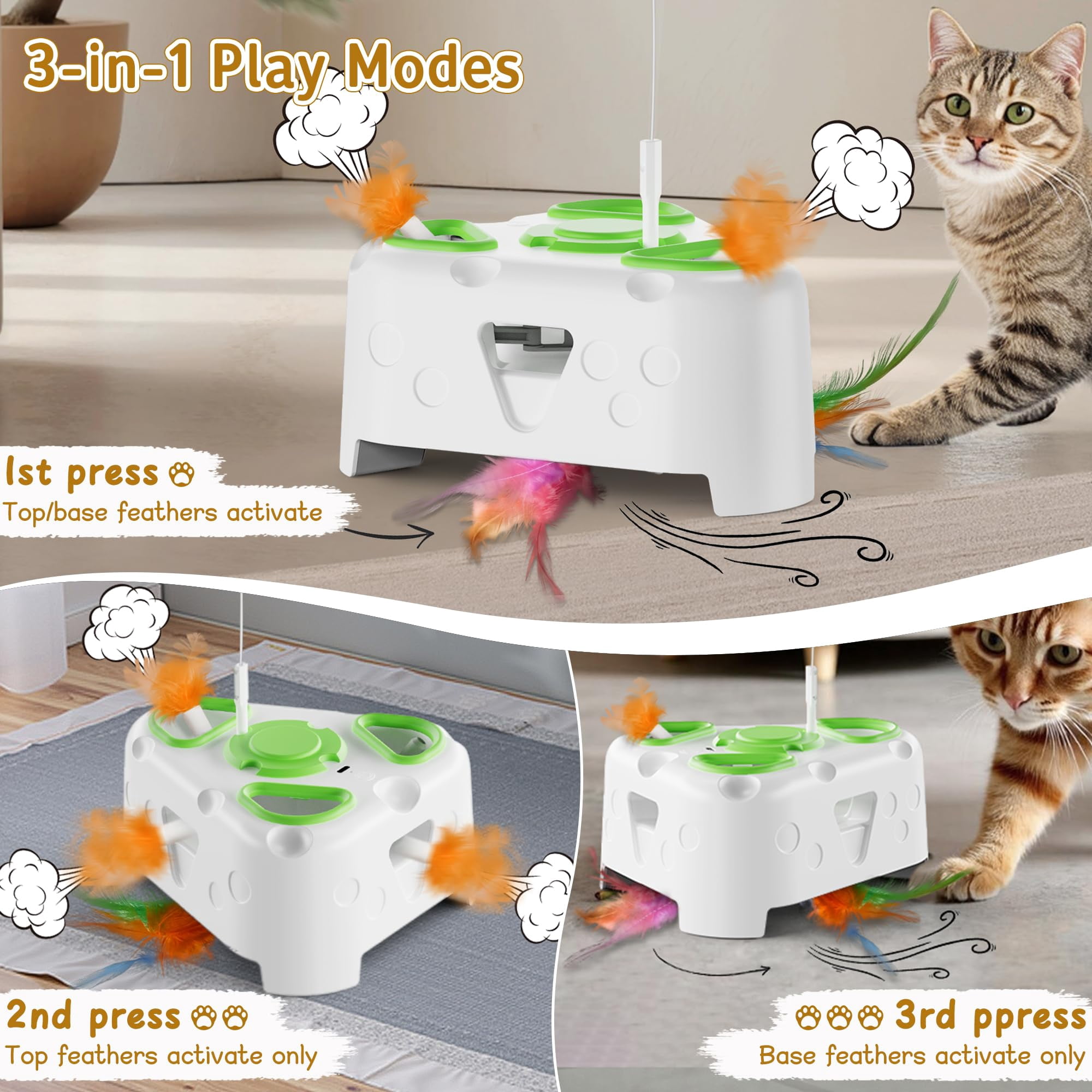 3-in-1 Interactive Cat Toys For Indoor Cats Automatic Kitten Flying Bird 6 Holes Mole Rotating  Rechargeable Usb Bored