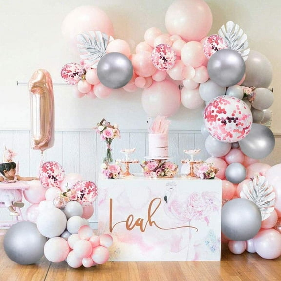 YANSION Pink and Silver Balloon Garland Arch Kit, Light Pink Silver Gray Latex Balloons Arch for Christmas Birthday Baby Shower Wedding Proposal Engagement Party Decorations
