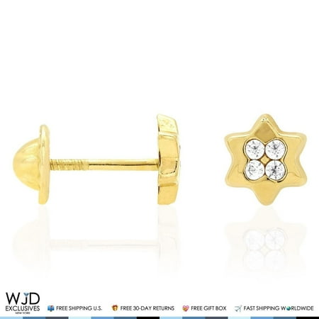 Zircon Star - 14K Solid Yellow Gold White Zircon Star Of David Screwback Stud Kids Earrings