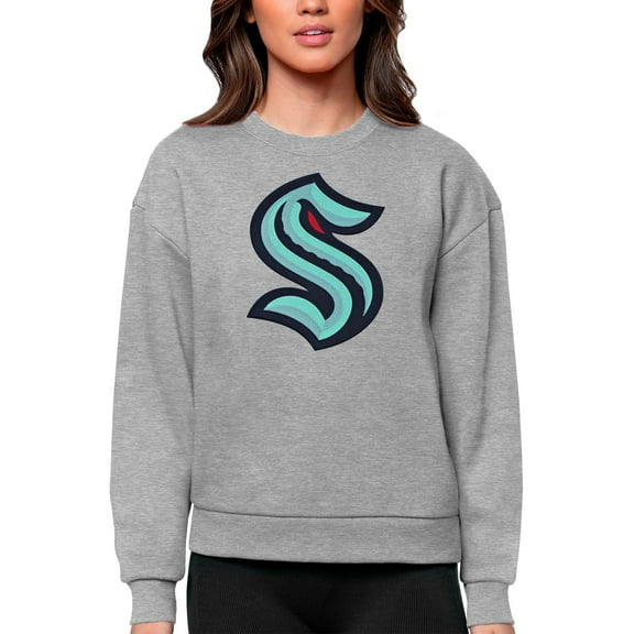 Women's Antigua Heather Gray Seattle Kraken Primary Logo Team Logo Victory Crewneck Pullover Sweatshirt