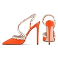 thumbnail image 3 of YDN Women Rhinestone Pointed Toe Slip On Pumps Pearls Studded Stiletto High Heel Shoes Wedding Event Dress Size 10.5 Orange, 3 of 4