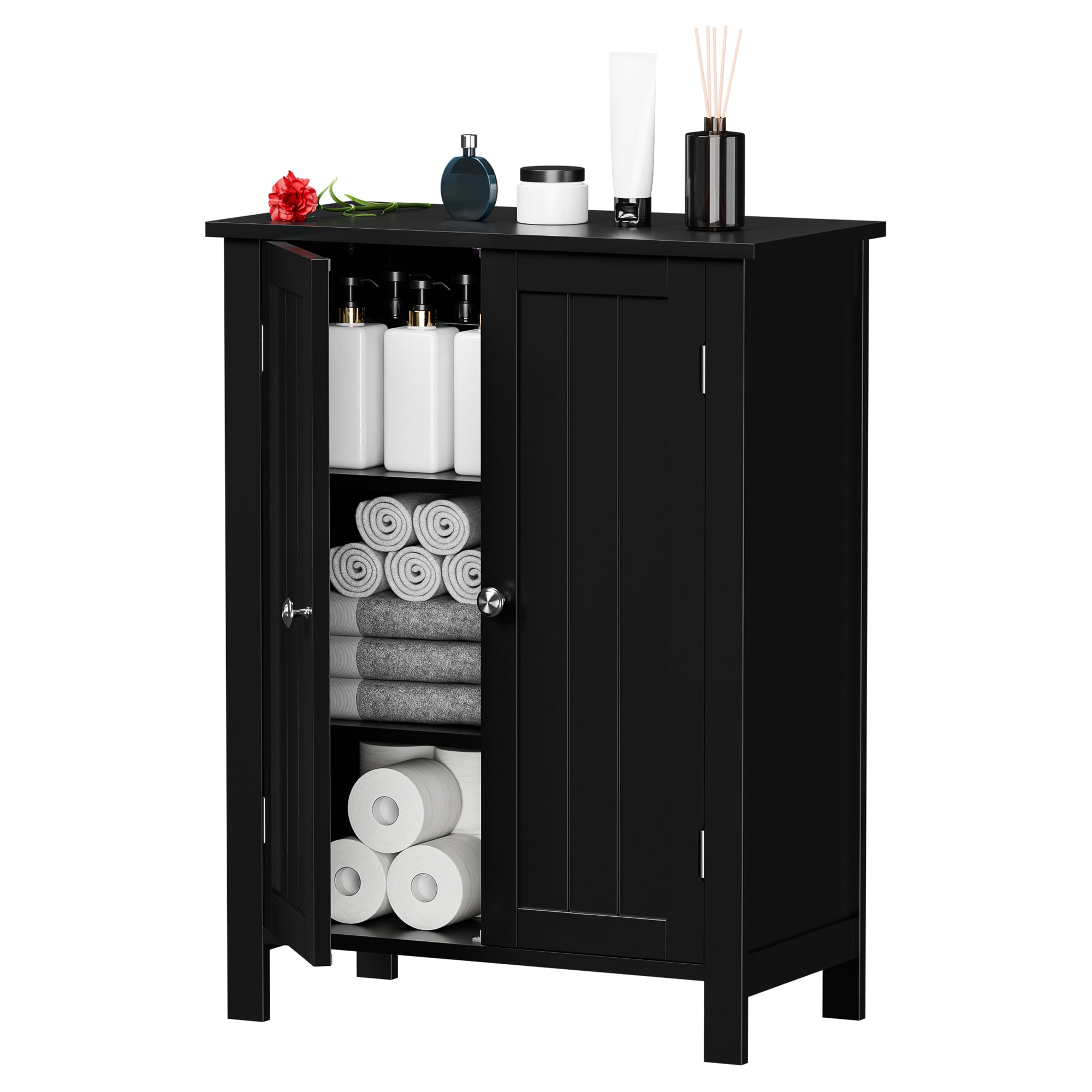 HomGarden 2-Door Bathroom Floor Storage Cabinet Side Cupboard W/ Adjustable Shelves, Black