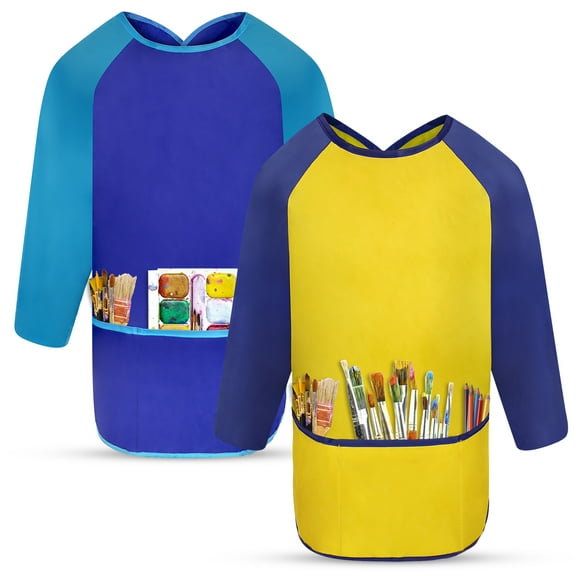 Playkidiz Art Kids Smock Paint Shirt, Set of 2 Preschool Artist Aprons, Kids Paint Smock Shirt for Kids, Painting Coat (3150 Blue/Yello)