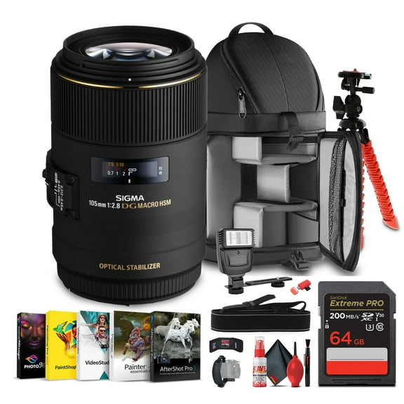 Sigma 105mm f/2.8 EX DG OS HSM Macro Lens for Canon EF Bundle Includes: Backpack, Flash,  Memory Card, Card Wallet, 12 inch tripod,Cleaning Kit, Blower Brush, Lens Pen, Neck Strap    more