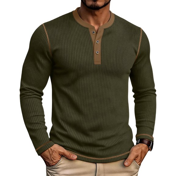 Kojnayu Men Long Sleeve Button Henley Shirts Big & Tall Contrast Trim Workout Slim Tops Casual Stretchy Muscle Tee S-3XL