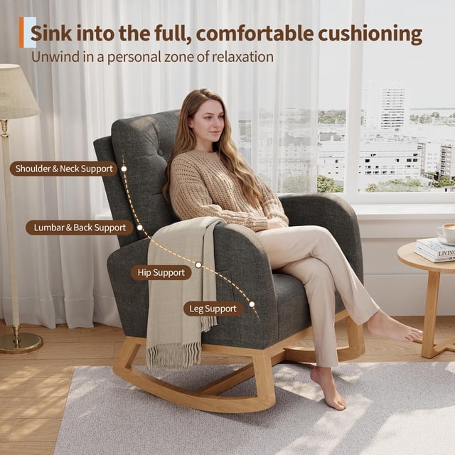 Modern Linen Upholstered Rocking Chair - Glider Chair with Side Pocket for Living Room Bedroom Nursery
