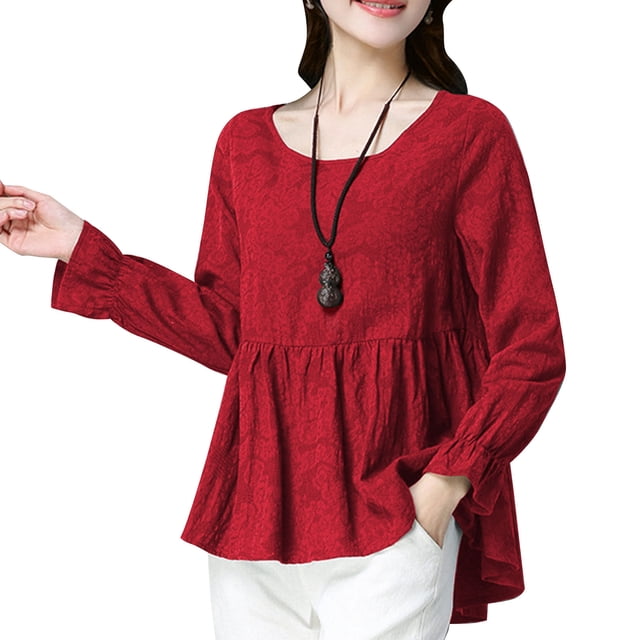 Blusa vintage de mujer Jacquard con cuello en O Mangas largas Volantes Dobladillo acampanado Suelto Abanopi Rojo/Medio