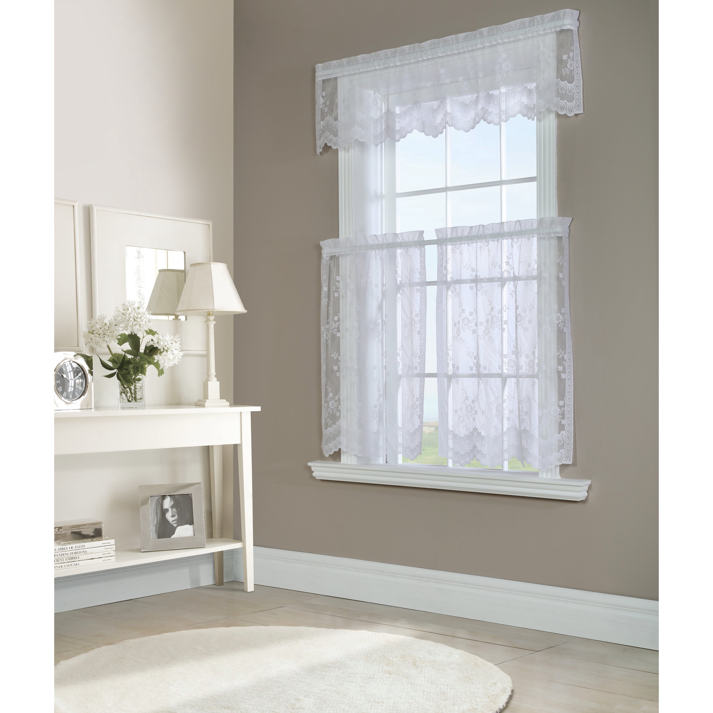 Melody Jacquard Lace Window Curtain Tiers Pair 56" x 36" in White