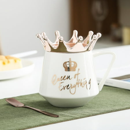 

Queen of Everything Mug With Crown Lid and Spoon Ceramic Coffee Cup Gift for Girlfriend Wife.