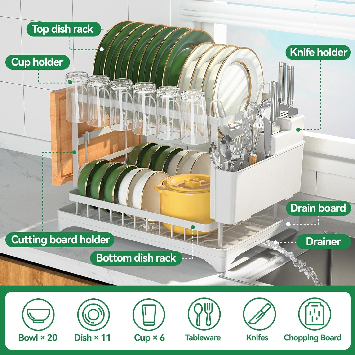 Auto Beyond Large Dish Drying Rack, 2 Tier Dish Rack for Kitchen Counter, Removable Large Capacity Dish Drainer Organizer with Utensil Holder, White