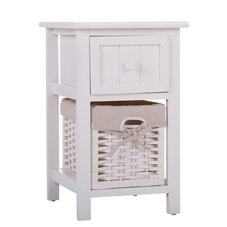 White Bedside Table With Baskets White Chic Nightstand Wood End Side Table Bedroom Home Storage Furniture w/ 1 Wicker Basket ()