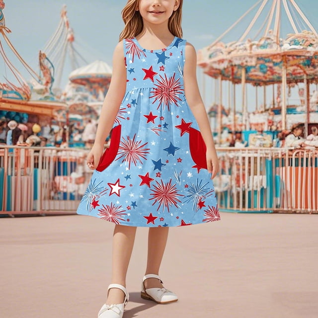 QTBIUQ Robe d'Été pour Fille Col Rond Sans Manches Imprimée avec Poche Jupe Courte Trapèze Décontractée Quotidienne Polyvalente Vacances Fête Jeu Ensemble Style Mode Mignon (Bleu, 5 Ans)