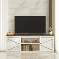 thumbnail image 2 of LEDREM Farmhouse TV Stand for 80-Inch TVs, Entertainment Center with Sliding Barn Doors and 4 Storage Compartments, Rustic White and Brown, 2 of 6