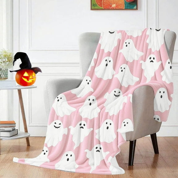 DAMAI Pink Halloween Fleece Blanket,Cute Ghost Throw Blanket,Kawaii Ghost Flannel Blanket,Gifts for Couch Office Travel,Living Room Halloween Festive Decor
