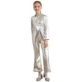 thumbnail image 4 of YEAHDOR Kids Girls Metallic Disco Dance Jumpsuit Long Sleeve Bell-Bottomed Bodysuit Halloween Party Outfit Silver 8, 4 of 7