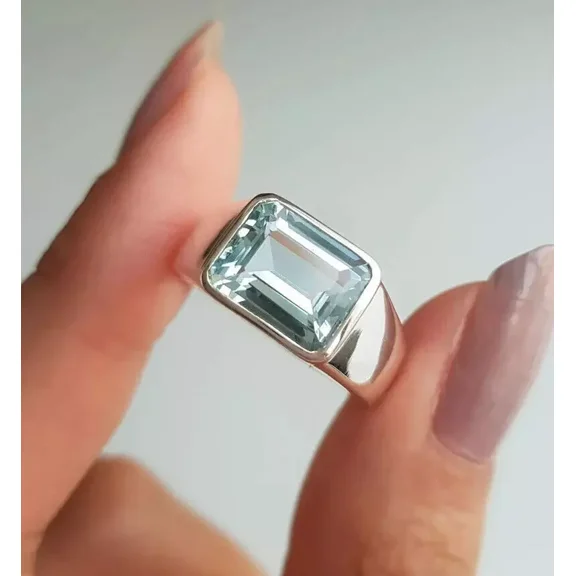 3Ct Emerald Cut Simulated Blue Aquamarine Solitaire Mens Engagement Ring 14K White Gold Plated 925 Silver