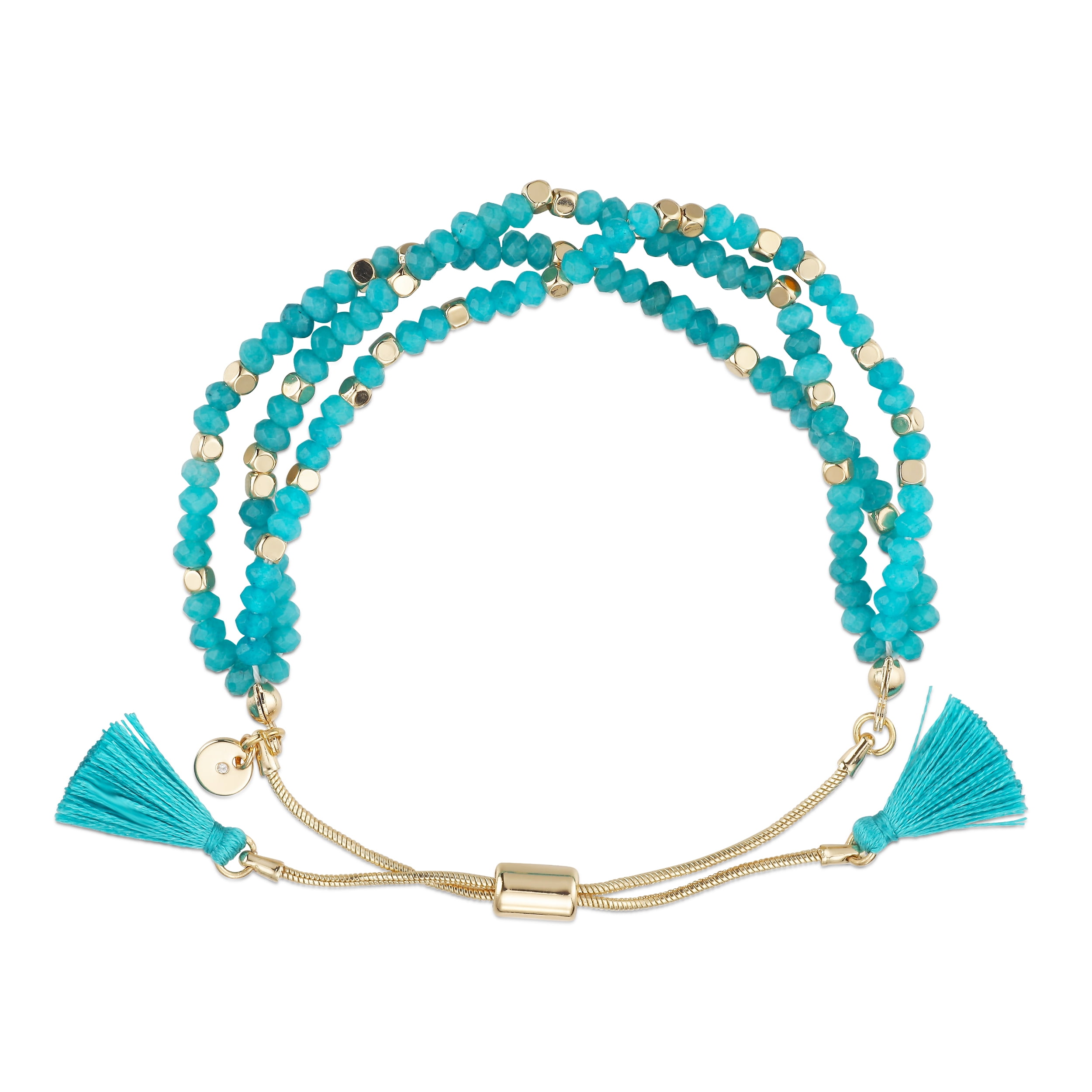 14kt Gold-Flash Plated Genuine Stone Triple Strand Adjustable Bolo Bracelet with Tassel