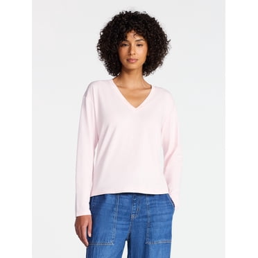Time and Tru Women's Boxy Slub V-Neck Tee with Long Sleeves, Sizes XS-XXXL