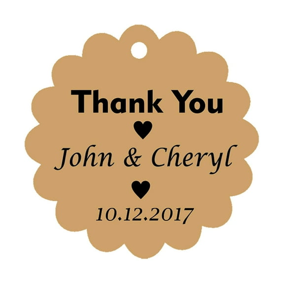 100 PCS Personalized Thank You Hang Tags Custom Wedding Party Favors Round Scallop Edges Gift Paper Tags