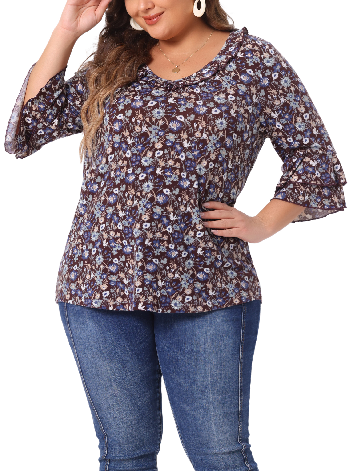 DARING DIVA Women's Plus Floral V Neck Tiered Ruffle Bell Sleeve Blouse 4X Red Brown