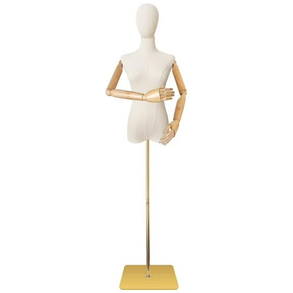 Mannequin Body Female Dress Form Linen Fabric Manikin Torso with Detachable Head Adjustable Height Metal Stand, Two Wooden Hands Female Two Hands