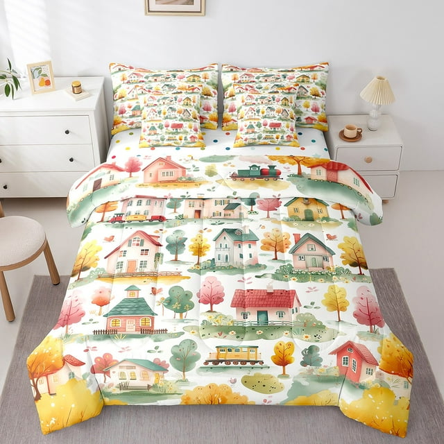 Colorful Rustic Twin Bed In A Bag Lodge Cabin Country Farm Bedding Set for Kids Boys Girls Green Botancial Tree Comforter 7 Pieces,Cottage Fall Decorations for Home Sheet Set With Comforter