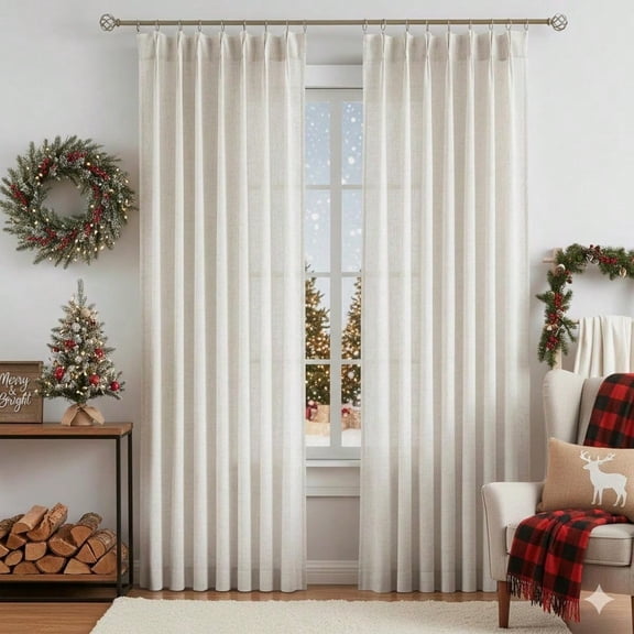 Natural Pinch Pleated Semi Sheer Curtains Textured Linen Blended Light Filtering Window Curtains 95 inch for Living Room Bedroom Pinch Pleat Drapes with Hooks 2 Panels 42 Wx95 L