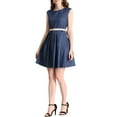 thumbnail image 2 of INSPIRE CHIC Women's Denim Belted Crew Neck Above Knee Cap Sleeve A-Line Dresses Blue XL, 2 of 6