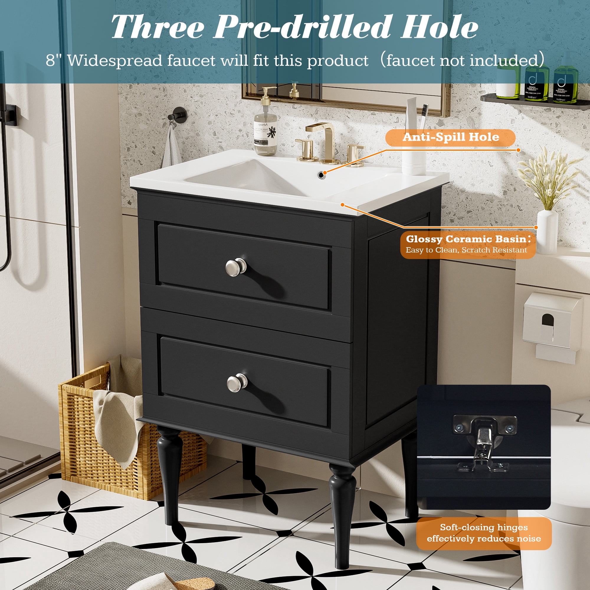 Euroco 24'' Bathroom Vanity Cabinet with Ceramic Sink Combo Set, Solid Wood Frame Modern Bathroom Storage Cabinet with 2 Drawers