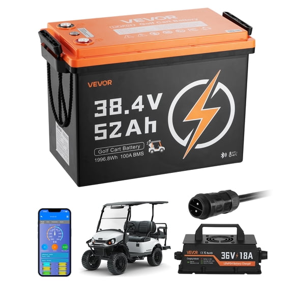 VEVOR 36V (38.4V) 52AH Lithium Golf Cart Battery, with 18A Charger, Lifepo4 Battery Kit, Built-in 100A BMS, 4000 Cycles, 2C Discharge Rate, Bluetooth & Mobile APP, for Golf Carts, Trolling Motors