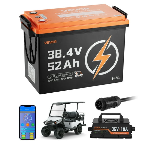 VEVOR 36V (38.4V) 52AH Lithium Golf Cart Battery, with 18A Charger, Lifepo4 Battery Kit, Built-in 100A BMS, 4000 Cycles, 2C Discharge Rate, Bluetooth & Mobile APP